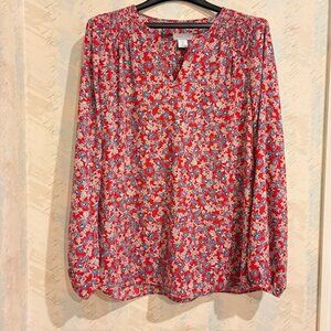 Adrienne Vittadini Womens Smocked Shoulder L Red Blouse Blue White Flowers NWOT